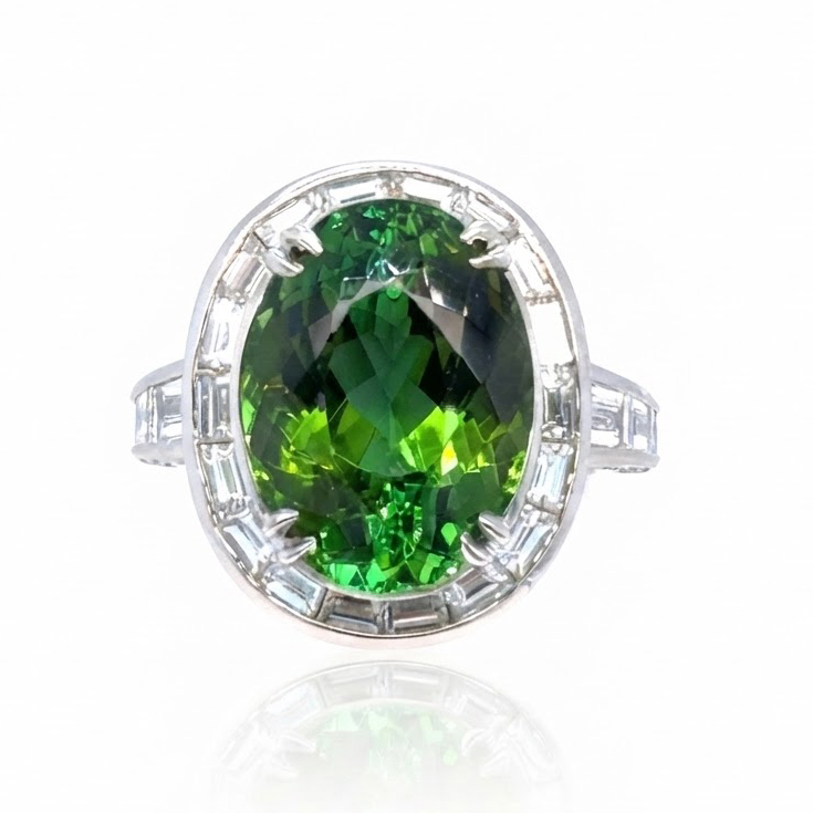 Platinum Oval Green Tourmaline Diamond Ring